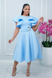 COCKTAIL RUFFLE SLEEVES MIDI DRESS WITH GOLD BUCKLE ACCENT (BABY BLUE)
