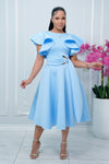 COCKTAIL RUFFLE SLEEVES MIDI DRESS WITH GOLD BUCKLE ACCENT (BABY BLUE)
