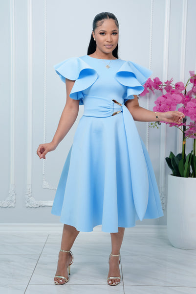 COCKTAIL RUFFLE SLEEVES MIDI DRESS WITH GOLD BUCKLE ACCENT (BABY BLUE)