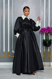 STATEMENT COLLAR SATIN DRESS WITH DRAMATIC PUFFED SLEEVES (BLACK)