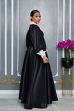 STATEMENT COLLAR SATIN DRESS WITH DRAMATIC PUFFED SLEEVES (BLACK)