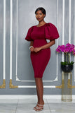 ROUND NECKLINE MIDI DRESS WITH PUFFED SLEEVES (BURGUNDY)