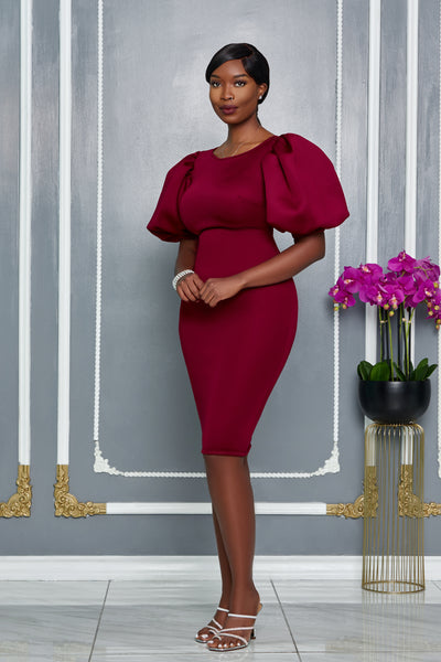 ROUND NECKLINE MIDI DRESS WITH PUFFED SLEEVES (BURGUNDY)