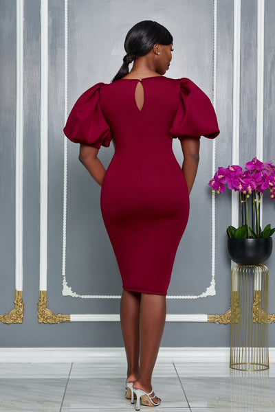 ROUND NECKLINE MIDI DRESS WITH PUFFED SLEEVES (BURGUNDY)