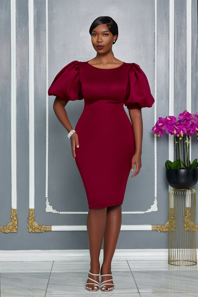 ROUND NECKLINE MIDI DRESS WITH PUFFED SLEEVES (BURGUNDY)