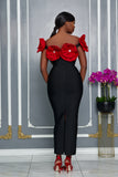 3D SCULPTED FLORAL APPLIQUE BANDAGE DRESS (BLACK/RED)