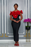 3D SCULPTED FLORAL APPLIQUE BANDAGE DRESS (BLACK/RED)