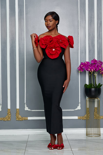 3D SCULPTED FLORAL APPLIQUE BANDAGE DRESS (BLACK/RED)