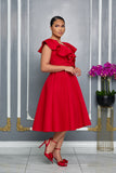 V-NECK RUFFLED 3D FLOWER DETAIL FLARE MIDI DRESS (RED)