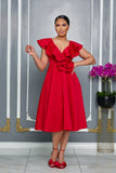 V-NECK RUFFLED 3D FLOWER DETAIL FLARE MIDI DRESS (RED)