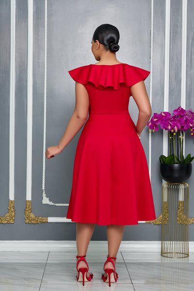 V-NECK RUFFLED 3D FLOWER DETAIL FLARE MIDI DRESS (RED)