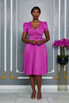 LADY V-NECK MIDI DRESS WITH PLEATED SKIRT (MAGENTA)