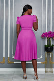 LADY V-NECK MIDI DRESS WITH PLEATED SKIRT (MAGENTA)