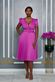 LADY V-NECK MIDI DRESS WITH PLEATED SKIRT (MAGENTA)