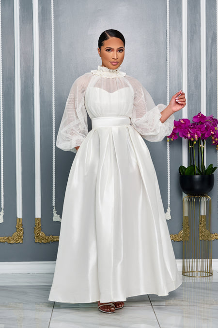 HIGH RUFFLE NECKLINE MAXI DRESS WITH BISHOP SLEEVE (WHITE MULTI)