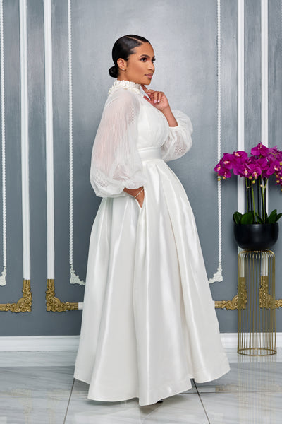 HIGH RUFFLE NECKLINE MAXI DRESS WITH BISHOP SLEEVE (WHITE)