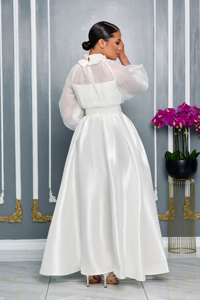 HIGH RUFFLE NECKLINE MAXI DRESS WITH BISHOP SLEEVE (WHITE)