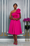 SINGLE SHOULDER BOW DETAIL FLARE MIDI DRESS WITH POCKETS (FUCHSIA)