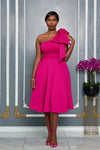 SINGLE SHOULDER BOW DETAIL FLARE MIDI DRESS WITH POCKETS (FUCHSIA)