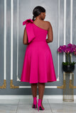 SINGLE SHOULDER BOW DETAIL FLARE MIDI DRESS WITH POCKETS (FUCHSIA)