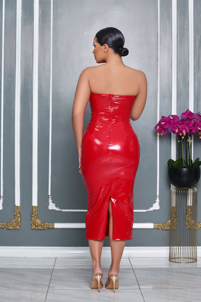 3D HEART VINYL FAUX LEATHER MIDI DRESS (RED)