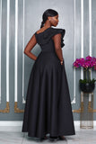 CASCADE RUFFLE DETAIL V-NECK MAXI DRESS (BLACK)