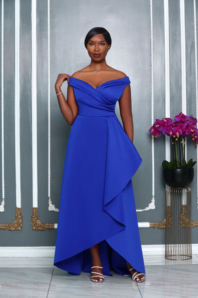 OFF THE SHOULDER SWEETHEART NECKLINE FAUX-WRAP DRESS (ROYAL BLUE)