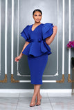 V-NECK PEPLUM TOP AND SKIRT SET (ROYAL BLUE)