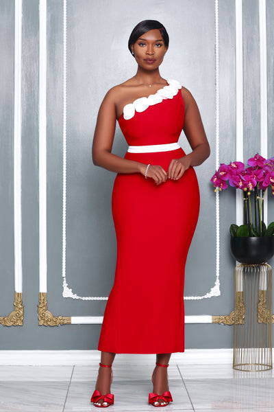 ROSETTE ELEGANCE ONCE SHOULDER BANDAGE DRESS (RED)