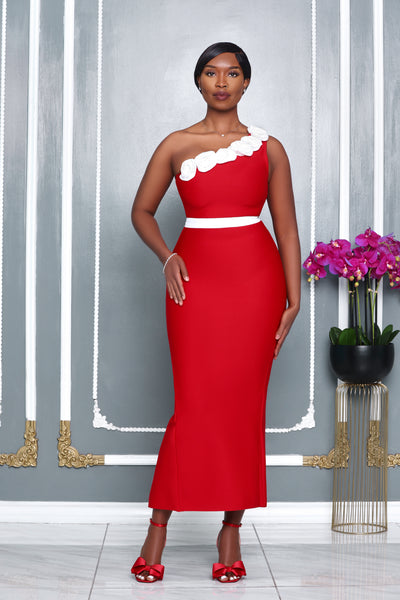 ROSETTE ELEGANCE ONCE SHOULDER BANDAGE DRESS (RED)