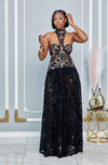 MIDNIGHT IN PARIS LACE HALTER OPEN BACK MAXI DRESS (BLACK/NUDE)