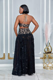 MIDNIGHT IN PARIS LACE HALTER OPEN BACK MAXI DRESS (BLACK/NUDE)