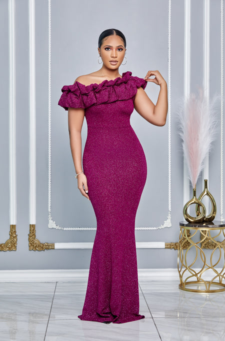 BUBBLE SLEEVE NECK BOW FIT AND FLAIR MIDI DRESS (PURPLE)