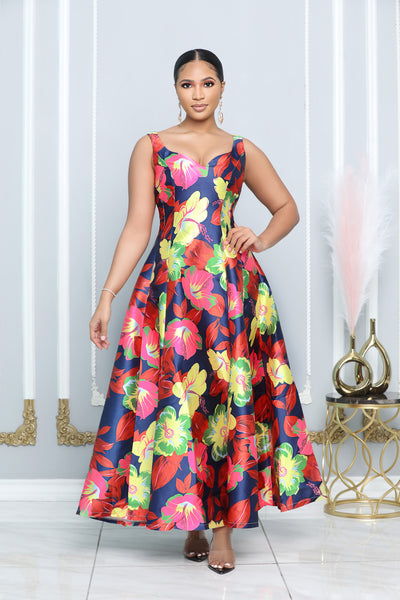 SWEETHEART NECKLINE FIT-AND-FLARE FLORAL PRINT MAXI DRESS (MULTI)