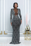 RHINESTONE EMBELLISHED SHEER MESH ACCENT GOWN (BLACK/SILVER)