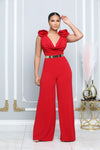 ROSETTE RUFFLE SHOULDER COWL NECKLINE JUMPSUIT (RED)