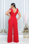 ROSETTE RUFFLE SHOULDER COWL NECKLINE JUMPSUIT (RED)