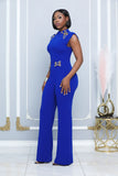 EYELET WITH CHAIN DETAILED FASHION JUMPSUIT (ROYAL BLUE)