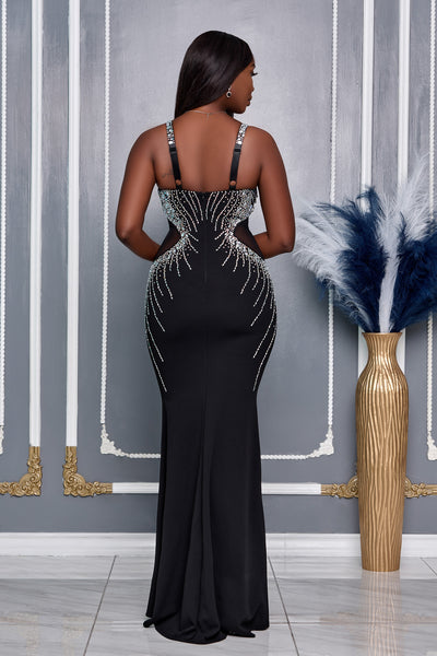 RHINESTONE EMBELLISHED SHEER CUTOUT MAXI DRESS (BLACK)