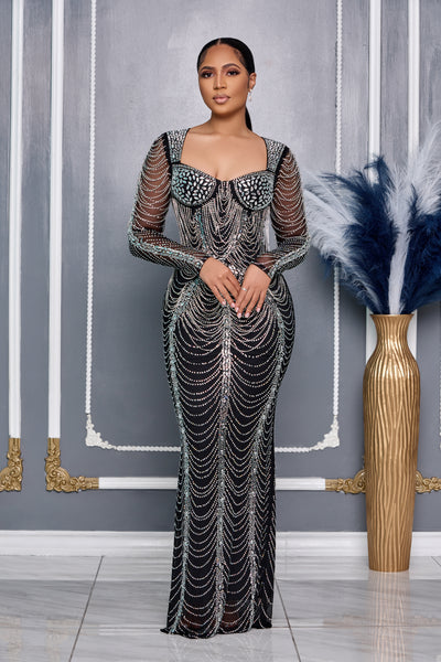 RHINESTONE SHEER FITTED LONG SLEEVES MAXI DRESS (BLACK)