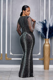 RHINESTONE SHEER FITTED LONG SLEEVES MAXI DRESS (BLACK)