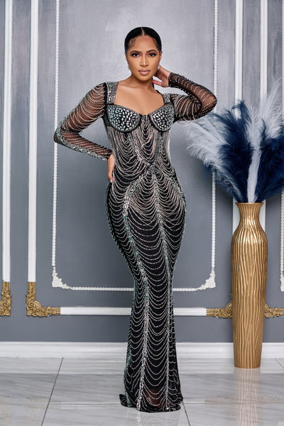 RHINESTONE SHEER FITTED LONG SLEEVES MAXI DRESS (BLACK)