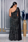 ONE SHOULDER CONTRAST MESH CLOAK SEQUIN DRESS (BLACK)