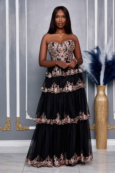 STRAPLESS CANCAN LAYERED EMBROIDERY DETAIL GOWN