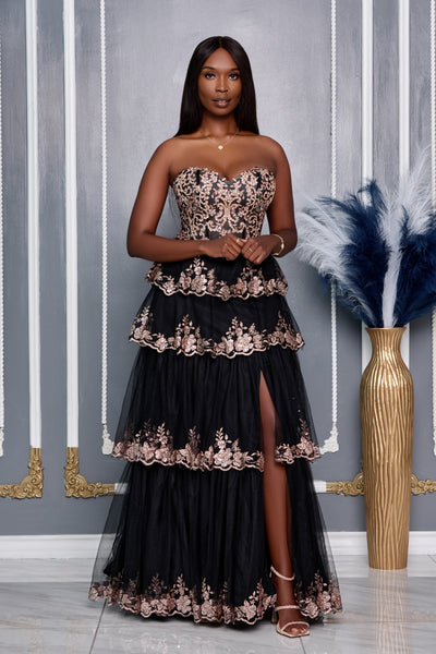 STRAPLESS CANCAN LAYERED EMBROIDERY DETAIL GOWN