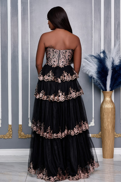 STRAPLESS CANCAN LAYERED EMBROIDERY DETAIL GOWN