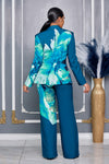 FLOWER PRINT BLAZER WITH MATCHING PANTS (TEAL/GREEN)