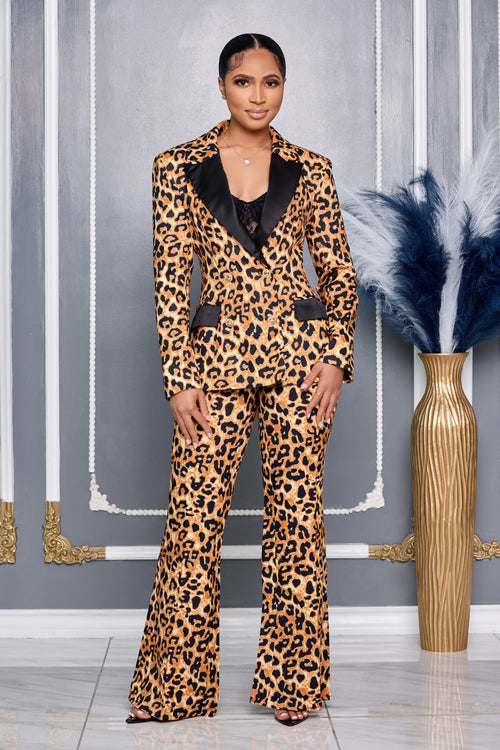 LEOPARD PRINT DOUBLE BREASTED JACKET WITH MATCHING PANTS SET