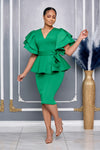 V-NECK PEPLUM TOP WITH RUFFLE SLEEVES AND SKIRT SET (GREEN)