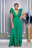 V NECKLINE PUFF SHOULDER SLIT LEG JUMPSUIT (GREEN)